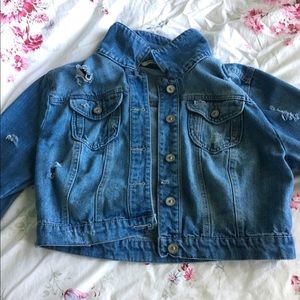 Distressed Cropped Denim Jacket w/ AM back patch